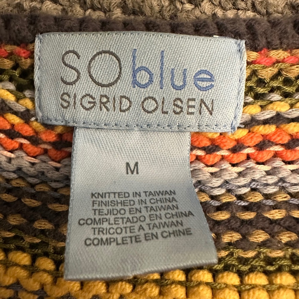 Sigrid Olsen SO Blue Multi Color Striped V-Neck Knit Sweater Womens Medium - Picture 2 of 8